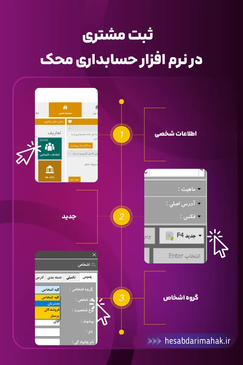مسیر دسترسی به ثبت مشتری در نرم افزار حسابداری محک